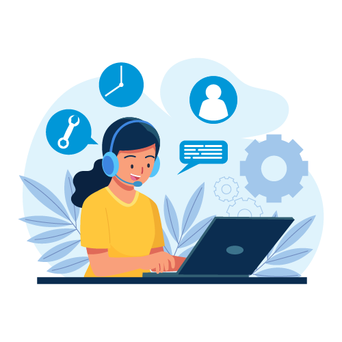 Customer support representative providing expert advice and technical solutions, wearing headphones and working on a laptop.