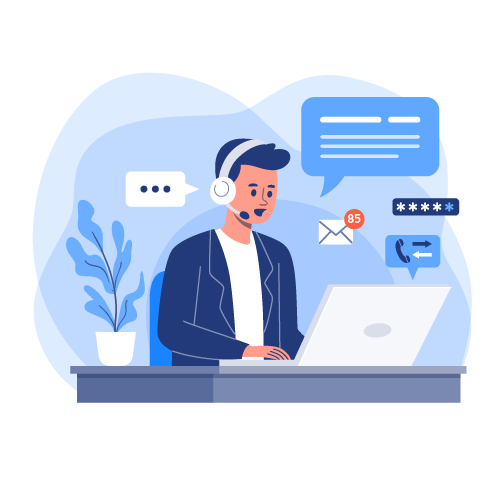 Customer support representative providing expert advice and technical solutions, wearing headphones and working on a laptop.